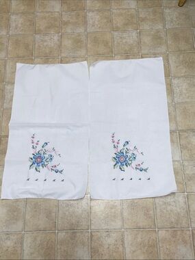 Vintage White Decor Pair with Blue and Pink Floral Embroidery